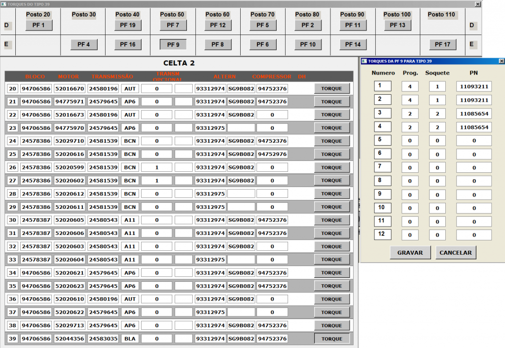 Programming screen for alternators, compressors, sockets, and other important elements on the production line