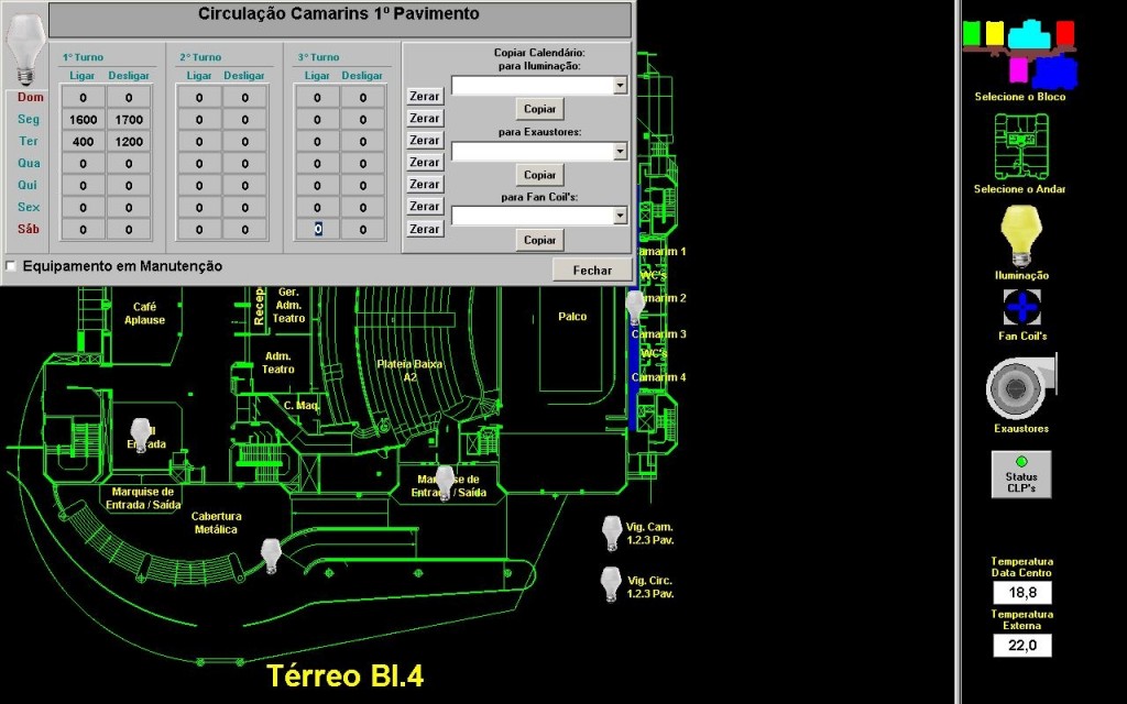 Controle da iluminação do corredor de acesso aos camarins