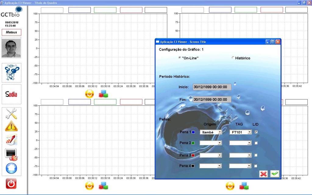 Tela de configuração e visualização de gráficos