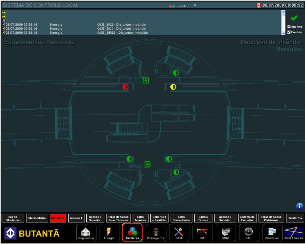 Fire detection alarm on the mezzanine level (red arrow) and failure (yellow arrow)