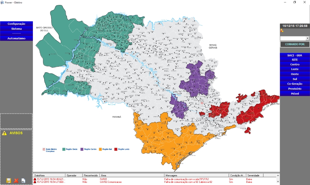 Tela inicial da aplicação mostrando as regiões do Estado de São Paulo atendidas pela Elektro