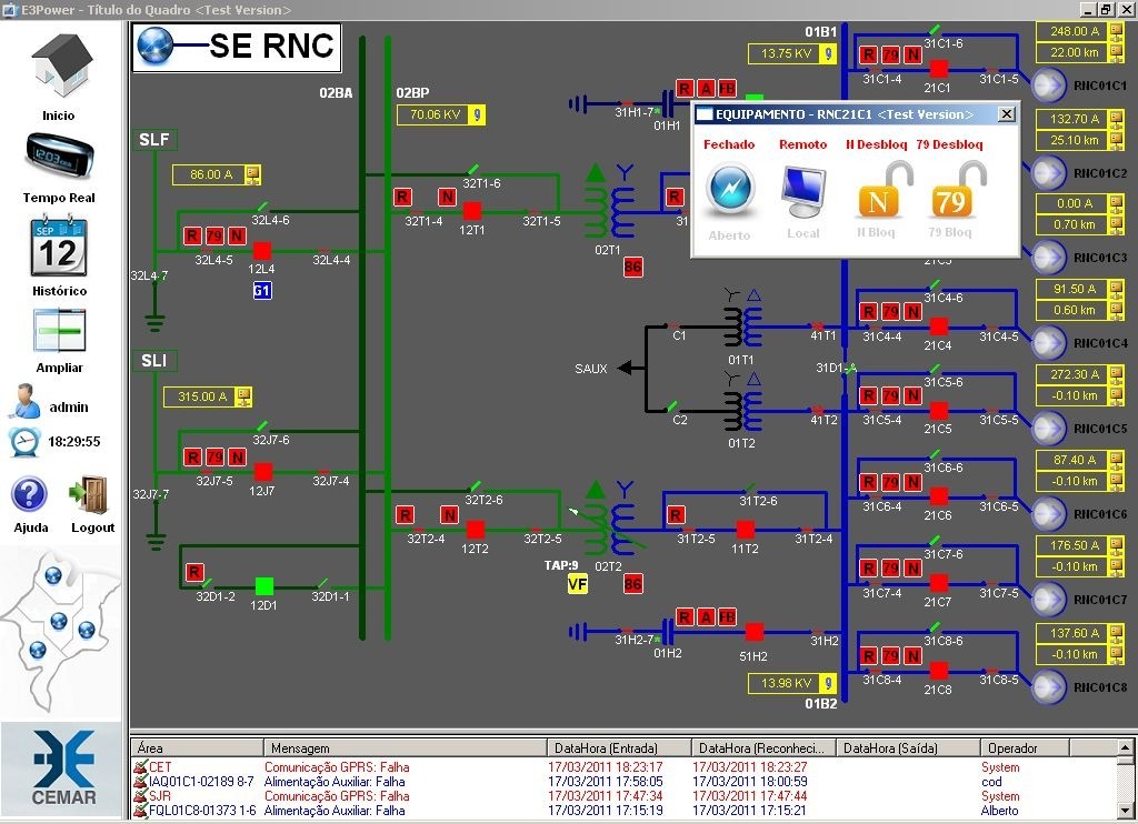 Screen displaying the most frequently used commands that can be performed on recloser 21C1