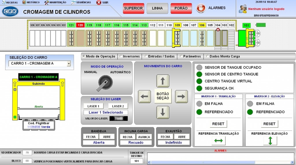 Tela de controle manual ou remoto dos carros que transportam os flightbars 