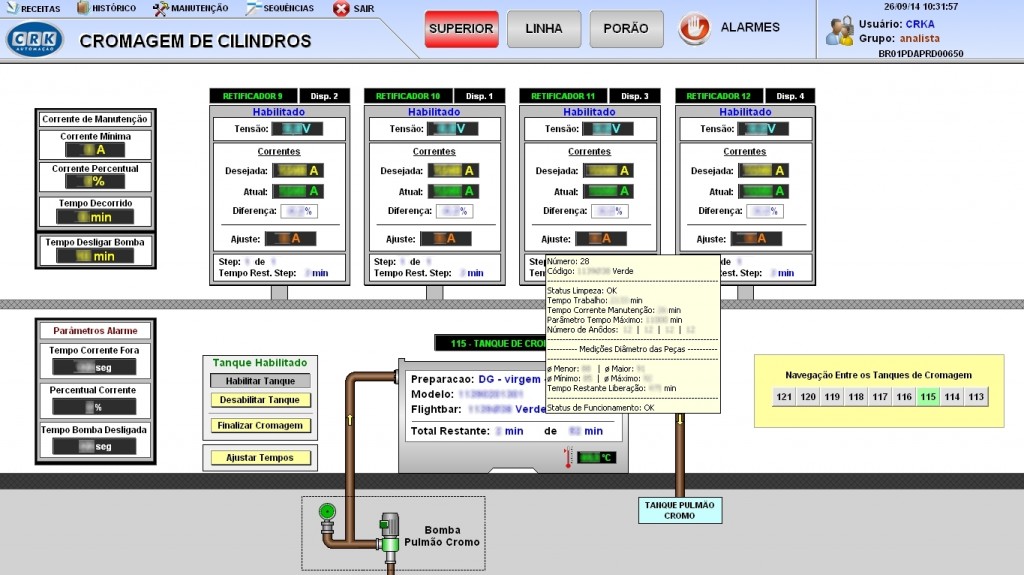 Screen displaying current and voltage measures issued by rectifiers, among other variables related to the plating being held at tank 115