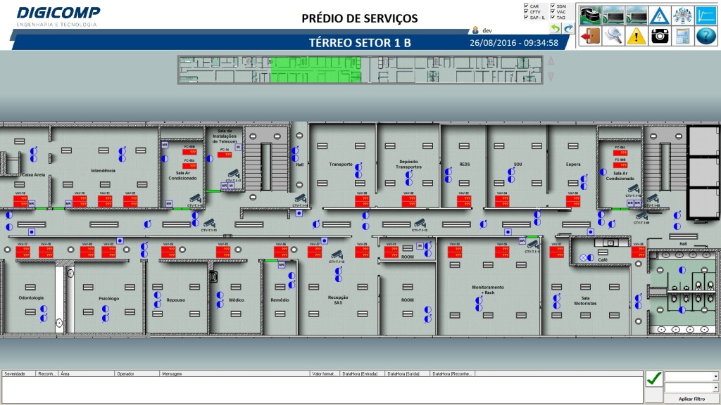 Figure 4. Lighting, AC, fan coils, entrance doors, security cameras, and smoke detectors are controlled by Elipse E3; in the figure above, the plant for the building’s ground floor, sector 1B